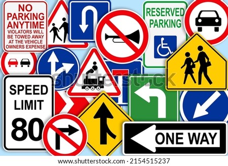 Collection of different traffic signs on turquoise background