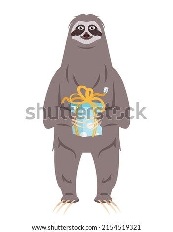 Sloth holding gift. Animal in cartoon style.