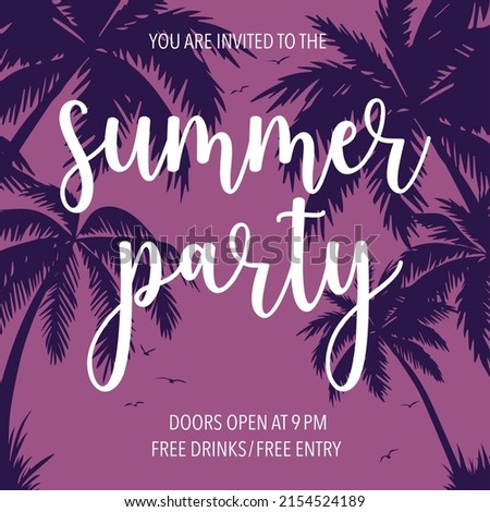 Summer party invitation banner or poster for social media posts or web projects. Beach summer party invite card with palm trees and flying birds on background. Vector illustration in flat style.