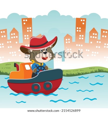Funny bear cartoon vector on little boat with cartoon style. Creative vector childish background for fabric, textile, nursery wallpaper, poster, card, brochure. and other decoration.