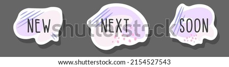 Set of flat icon template with text New, Next, Soon in purple and dark gray with shapes, lines and dots for web, posters, stickers