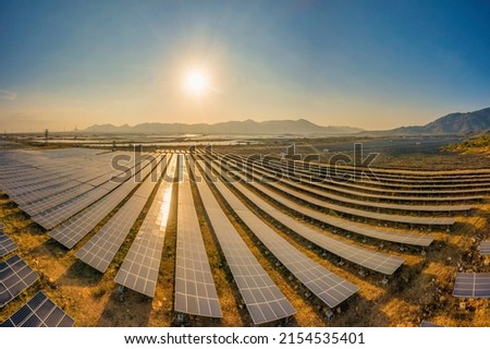 Aerial view of Solar panel, photovoltaic, alternative electricity source - concept of sustainable resources on a sunny day, Phuoc Minh, Thuan Nam, Ninh Thuan, Vietnam
