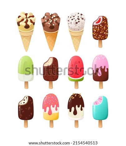 Ice cream cones and popsicles with various flavours, icings toppings and sundae. Ice cream dessert food in chocolate strawberry and vanilla glazing and chocolate chips  Vector illustration part 3 of 3