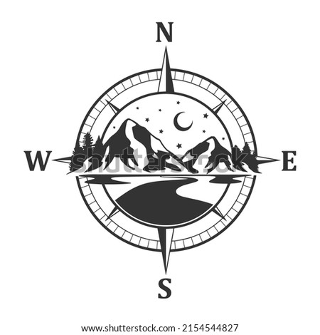 Compass Mountain Illustration Clip Art Design Shape. Night Landmark Silhouette Icon Vector.