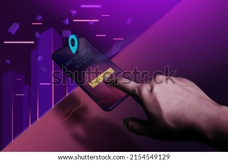 Using Mobile Phone to Buying Land or Real Estate in the NFT Market .Virtual World, Metaverse, Web3 and Blockchain Concepts. Investment in a New Technology. Futuristic Conceptual Photo
