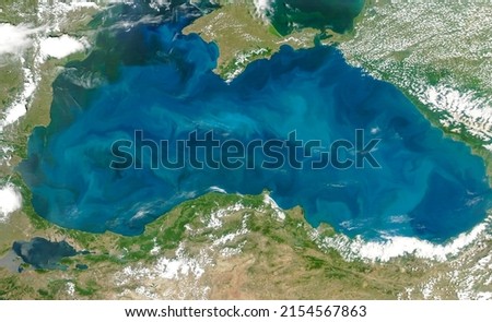 Phytoplankton Blooms in the Black Sea, Top view of Black Sea, Aerial view of Istanbul Bosporus, Turkey, Crimea, Ukraine, Russia, Earth Satellite Photo HD. Elements of this image furnished by NASA.