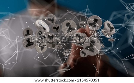 A 3D rendering of an abstract technology group and social network connection on a blurry background