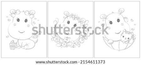 Cute hippo coloring page. Set of 3 pages for a coloring book. Cute animal vector illustration in black and white. Outlines of animals for coloring pages for girls and boys. 
