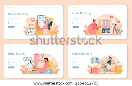 Booking a hotel web banner or landing page set. Traveling and tourism planning. Booking apartment for vacation abroad. Affordable modern hostel service. Flat vector illustration