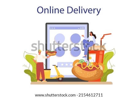 Hot dog online service or platform. Unhealthy fast food cooking, american snack with ketchup, bun and sausage. Online delivery. Flat vector illustration