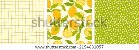 set of patterns with juicy citrus fruits, lines and dots. cute seamless pattern for kitchen towels. abstract hand drawn patterns Royalty-Free Stock Photo #2154631057