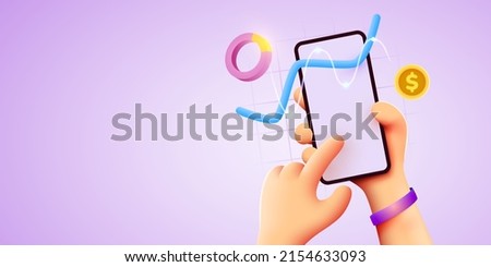 Mobile technology concept. Market trend graphs analysis on smartphone. Hand holds phone. Infographic and statistics on screen. Landing page template