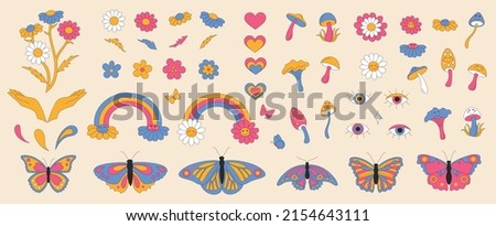 Set with retro elements. Daisies with smiles and sparkles. Summer simple minimalist flowers. 70 s style plants. Rainbow and eyes. Mushroom and butterfly. Colorful background. Vector illustration.