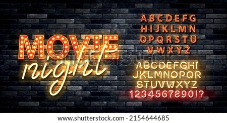 Vector realistic isolated retro marquee neon billboard with electric light lamps of Movie Night logo with easy to change color alphabet font on the wall background. Royalty-Free Stock Photo #2154644685