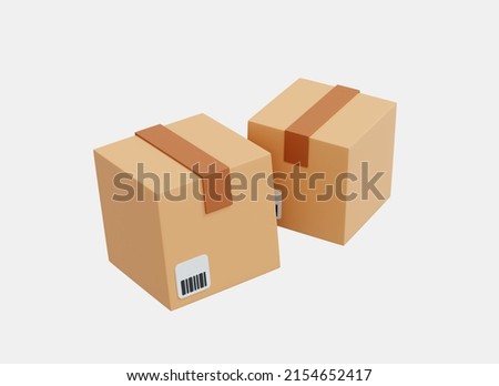 3D Cardboard box or delivery package. Shipping logistic and delivery concept. Cargo box with barcode. International postal parcels. Cartoon creative design isolated on white background. 3D Rendering