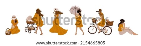 camomile summer vibes girls characters big vector set, mom with baby stroller, sun umbrella, bike with pug in  basket, woman reading a book, gathering flowers, running in fluttering dress, gardening Royalty-Free Stock Photo #2154665805