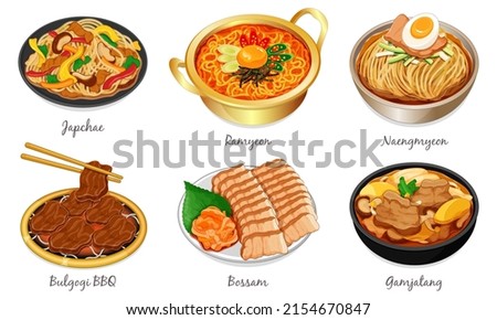 Korean food set menu isolated on white background illustration vector. (Japchae, Ramyeon, Naengmyeon, Bulgogi BBQ, Bossam and Gamjatang)