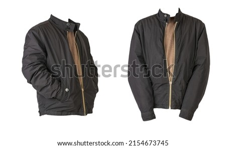 two black jacket on a zipper and brown sweater isolated on white background
