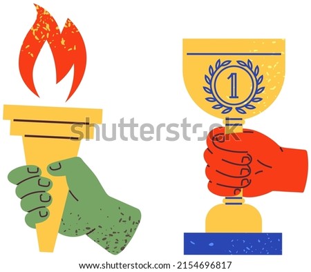 Hands holding torch with flame and winner trophy cup. Symbol of flame, win game and sports victory. Torch with fire for grand opening of competition. First place prize, champion award