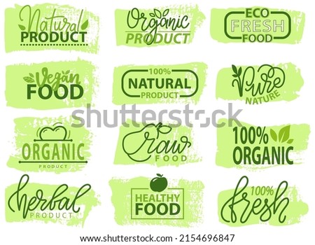 Set of icons, package labels. Natural herbal origination ingredients products signs, round stamp clip art, Stickers, nature, eco-friendly, organic emblems vector illustration. Design for food logos