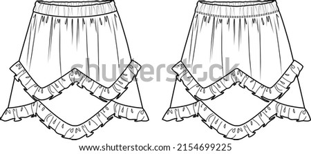 Vector flared mini skirt with frills technical drawing, woman skirt with elasticized waistband fashion cad, sketch, template, mock up. Jersey or woven fabric skirt with front, back view, white color Royalty-Free Stock Photo #2154699225