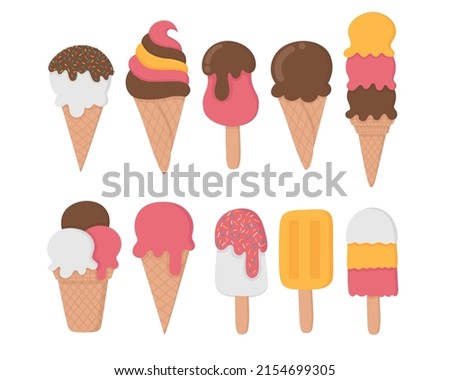 Bright set of ice cream. Flat doodle clipart. All objects have been repainted.