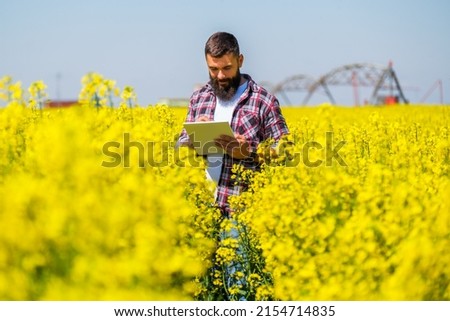 Farmer is standing in his blooming rapeseed field and examining the progress of crops. Royalty-Free Stock Photo #2154714835