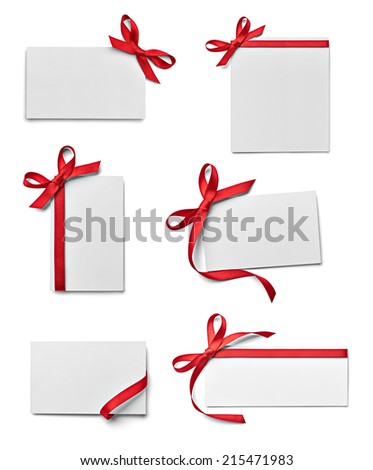 collection of various note card with ribbon bow on white background. each one is shot separately