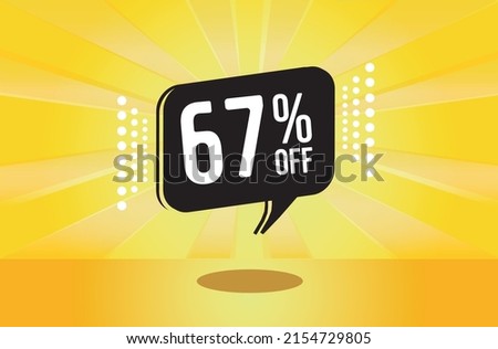 67% off. Yellow banner with sixty seven percent discount on a black balloon for mega big sales.