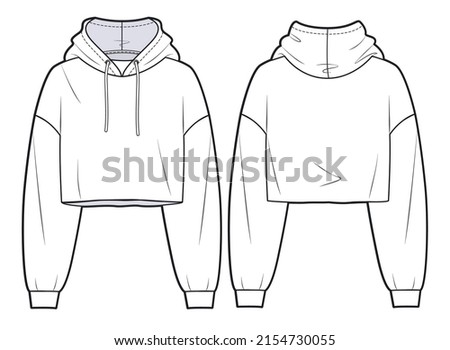 Girl's cropped Sweatshirt design fashion flat sketch template. Oversize crop Hoodie sweat with long sleeves techical drawing template. Hoodie fashion cad. Royalty-Free Stock Photo #2154730055