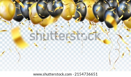Balloon seamless border with shiny gold glitter and star confetti isolated on transparent background. Vector realistic golden festive 3d helium baloons banner for anniversary, birthday party design