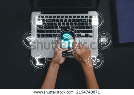 IOT Internet of things, Person hand using smart phone with VR screen Internet of things icon background, Digital transformation, Modern technology concept, Top view. Royalty-Free Stock Photo #2154740871