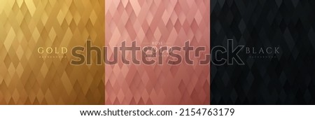 Set of golden, rose gold and black abstract rhombus shape pattern, Luxury 3D geometric pattern background. Can use for cover, artwork, print ad, poster, web banner. Simple and minimal. Vector EPS10. Royalty-Free Stock Photo #2154763179