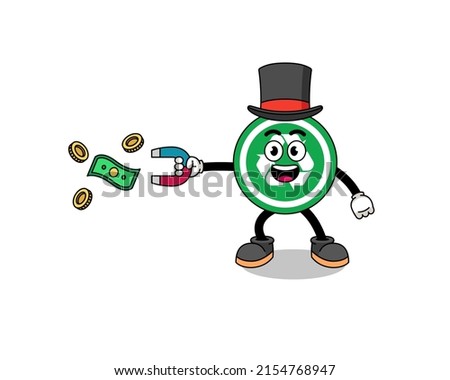 Character Illustration of recycle sign catching money with a magnet , character design