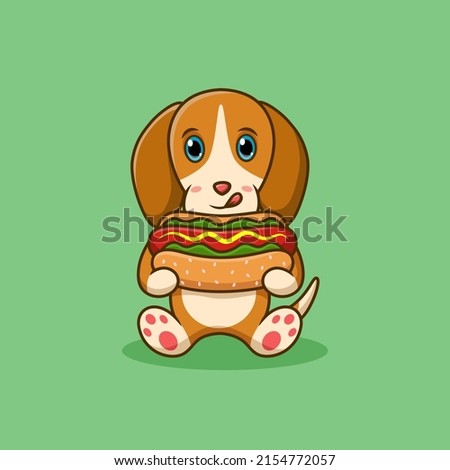 Cute cartoon dog eating hot dogs. Vector illustration