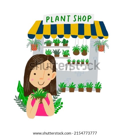 Cute drawing of small business. Illustration of plant shop. Clip art of girl holding plant pot in hand.