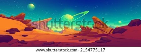 Mars surface, alien planet landscape. Space game background with orange ground, mountains, stars, Saturn and Earth in sky. Vector cartoon fantastic illustration of cosmos and red martian surface Royalty-Free Stock Photo #2154775117