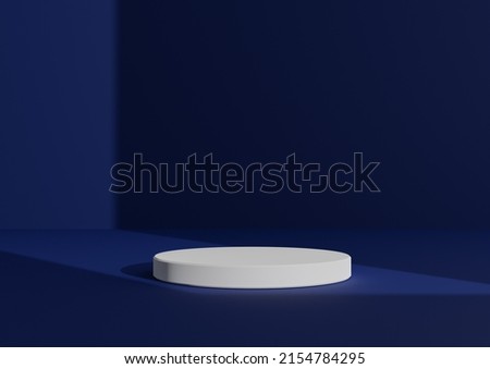 Simple, Minimal 3D Render Composition with One White Cylinder Podium or Stand on Abstract Shadow Dark Royal Blue Background for Product Display Window Light Coming from Right Side