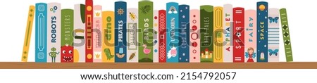 Bookshelf with children's books. Childrens books on shelf. Literature for kids. Books for boys and girls. Children's reading. Colorful books covers. Banner for library, bookstore, fair, festival.  Royalty-Free Stock Photo #2154792057