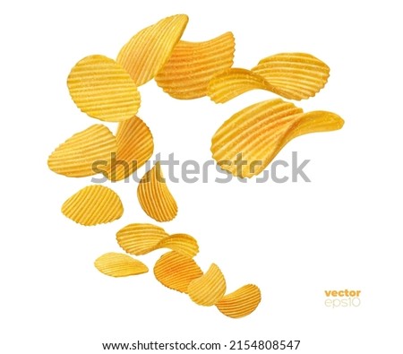 Splash of ripple potato chips, flying snacks for food package. Realistic isolated wavy and ripple ribbed vector potato chips in splash wave for appetizer pack advertising Royalty-Free Stock Photo #2154808547