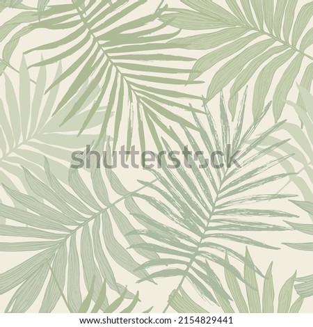 Abstract tropical foliage background in pastel olive green colors. Palm leaves in line art, grunge silhouette seamless pattern. Vector tropics illustration for swimwear design, wallpaper, textile Royalty-Free Stock Photo #2154829441