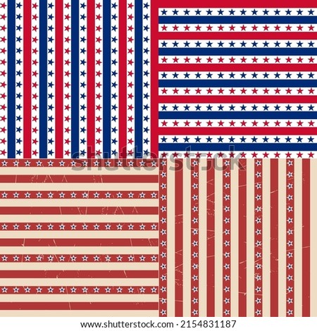 Seamless patterns. American patriotic stars and stripes pattern in vintage colors. Holiday graphic design. USA Independence Day or Presidents Day star pattern in American flag colors.
