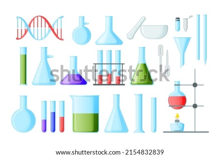 Chemistry lab tools. Laboratory instruments for experiment. Glass beaker. Test tube. Isolated containers set. Biology research. Chemical scientific equipment. Vector medical clip art