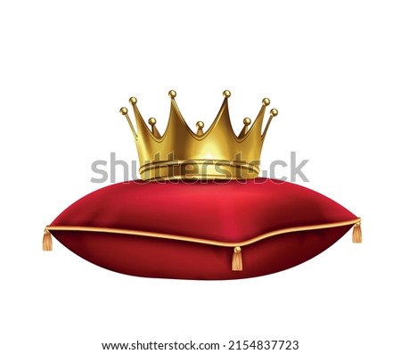 Crown on pillow realistic composition with isolated image of red pillow and golden crown on blank background vector illustration