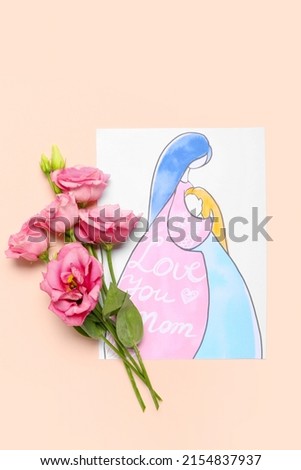Picture with flowers on pink background. Mother's Day celebration