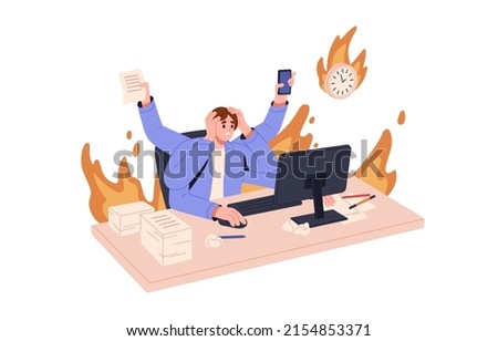 Overloaded busy multitasking person in fire missing business deadlines, hurrying with burning tasks. Work stress and bad time management concept. Flat vector illustration isolated on white background Royalty-Free Stock Photo #2154853371