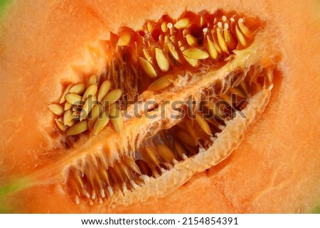 Close up image of cantaloupe seeds on inner center side of fruit's flesh