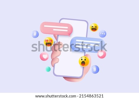 3D minimal social media with emoji, hashtag, speech on mobile hand holding, interface optimization for banner and website for mockup mobile phone concept. 3d social network vector render illustration
