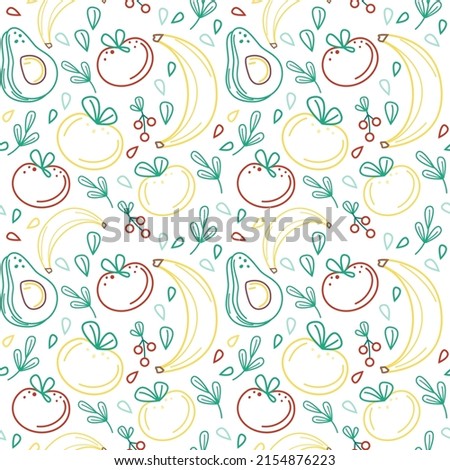 Fruit line pattern. Bananas, avocados and leaves. Seamless vector flat pattern. Transparent elements