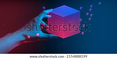 businessman hand holding holographic of  metaverse network on black background, internet social online technology, digital cryptocurrency 